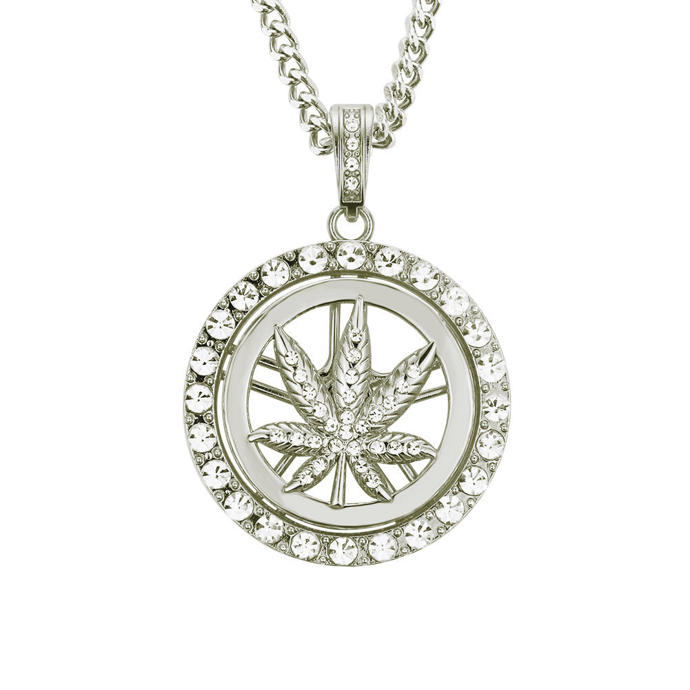 European Hip Hop Diamond Maple Leaf Turntable Necklace For Men