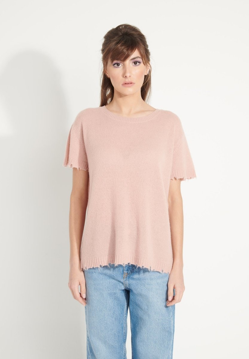 T-shirt col rond cachemire rose poudré femme - AVA 6