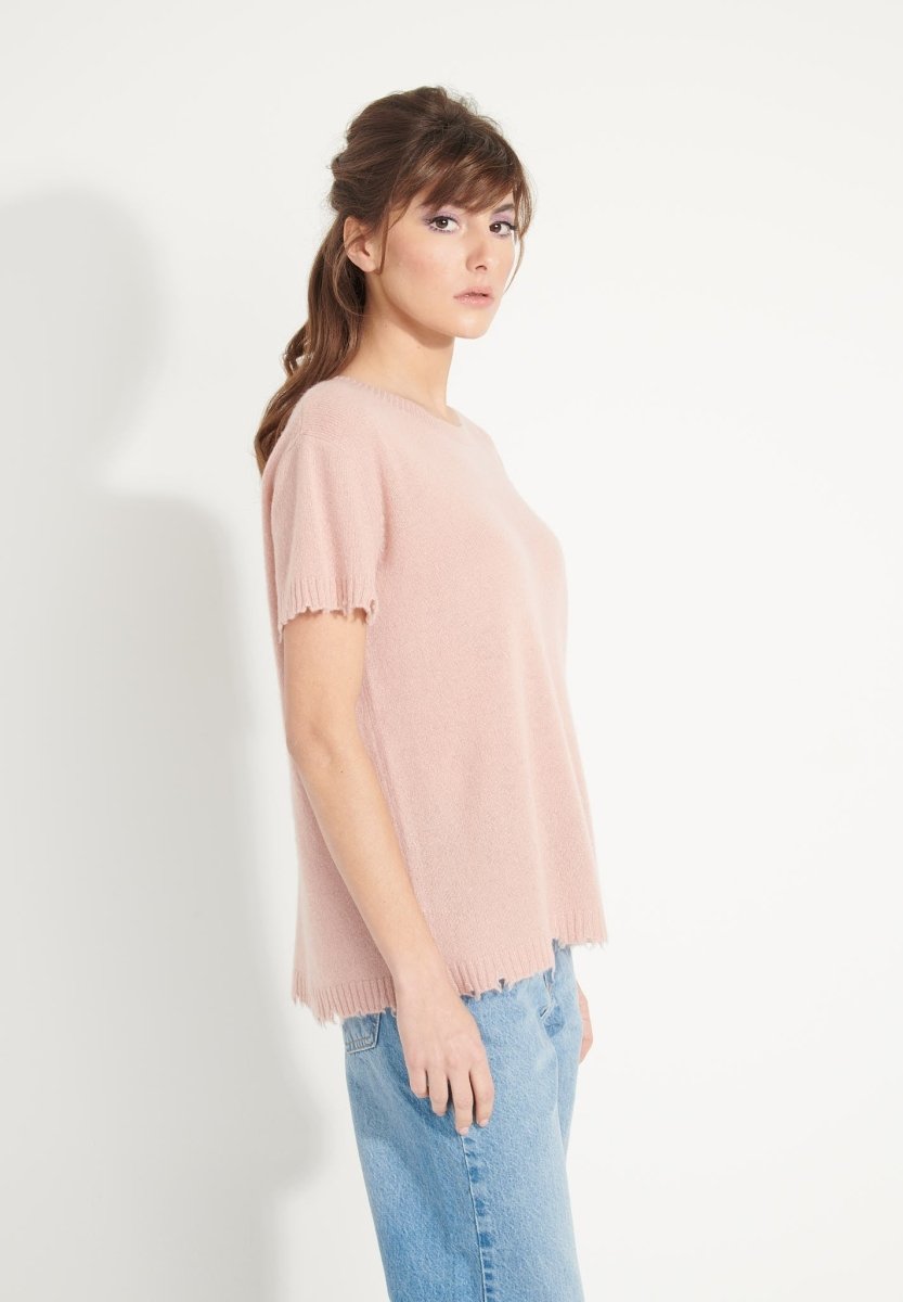 T-shirt col rond cachemire rose poudré femme - AVA 6