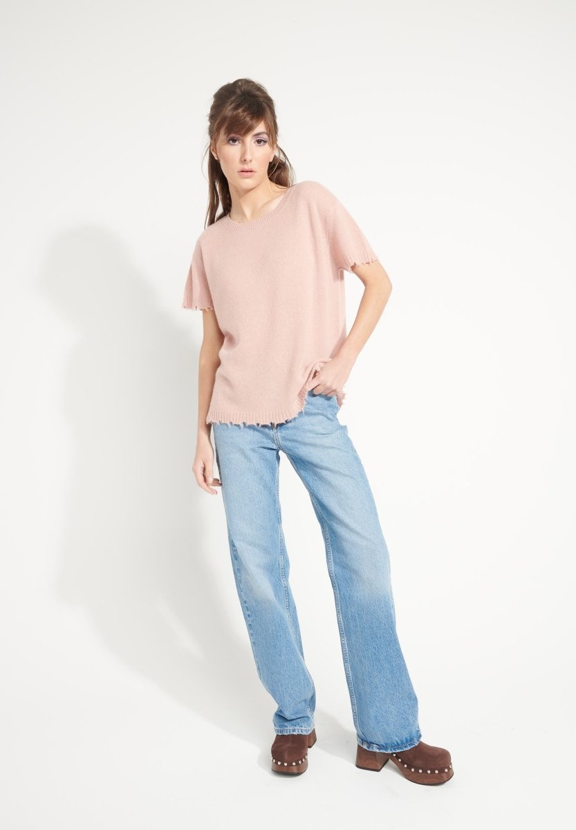 T-shirt col rond cachemire rose poudré femme - AVA 6