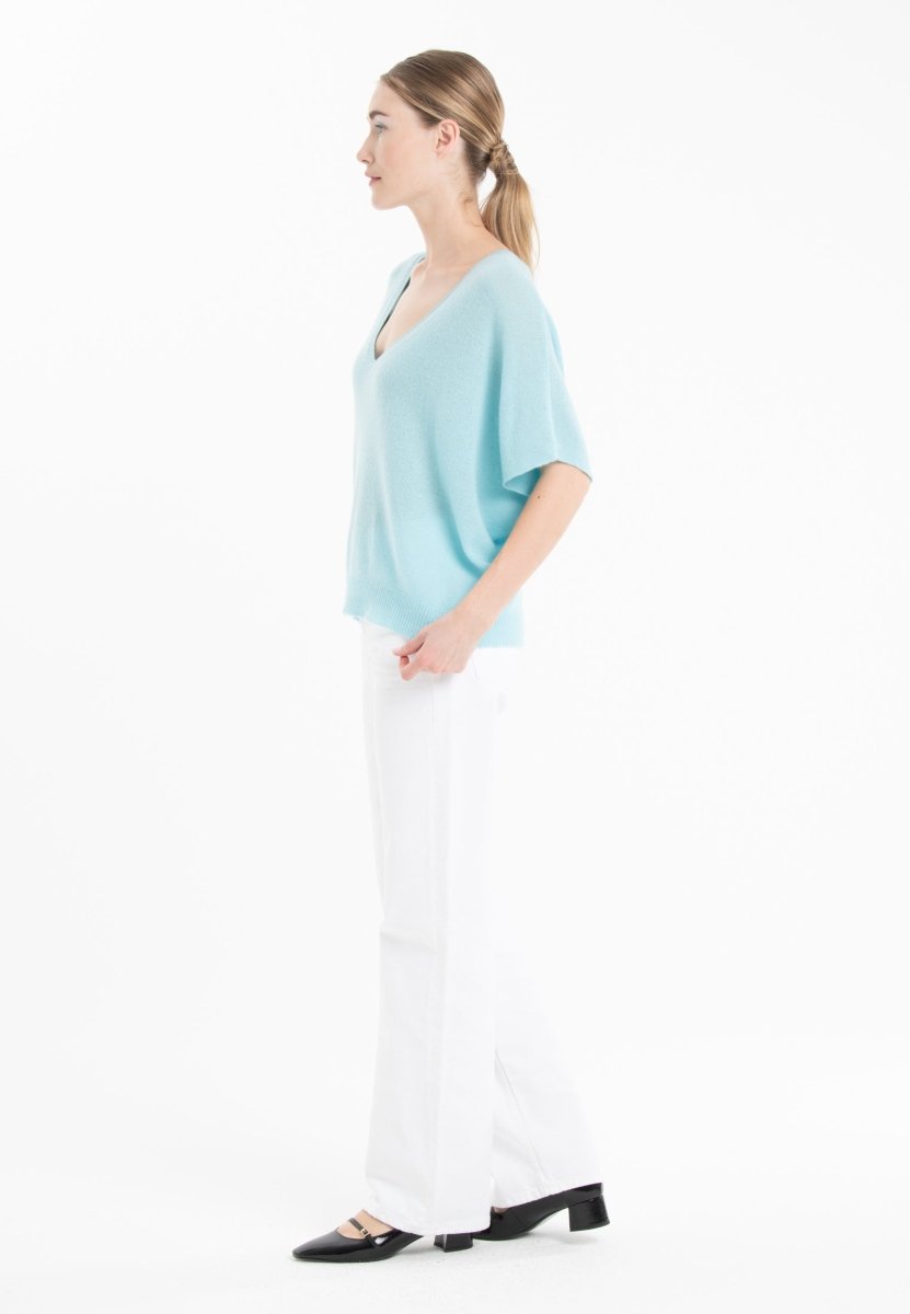 Pull col V cachemire turquoise femme - RIA 25