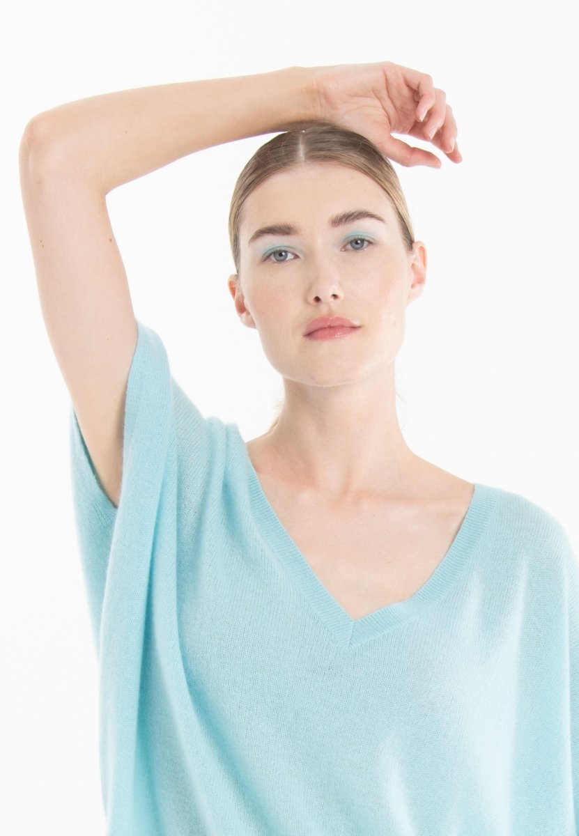 Pull col V cachemire turquoise femme - RIA 25
