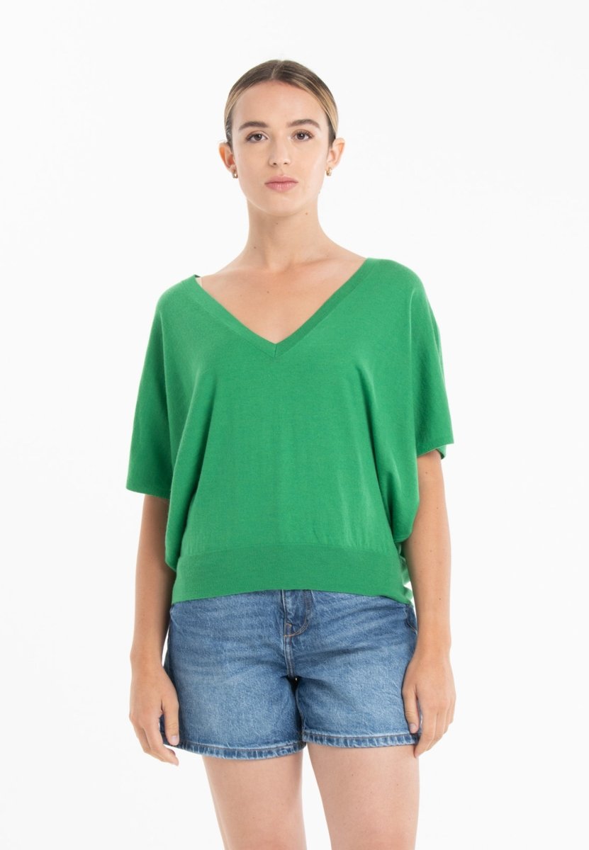 Pull col V manches chauve souris ultrafin cachemire et laine vert femme - KELLY 6