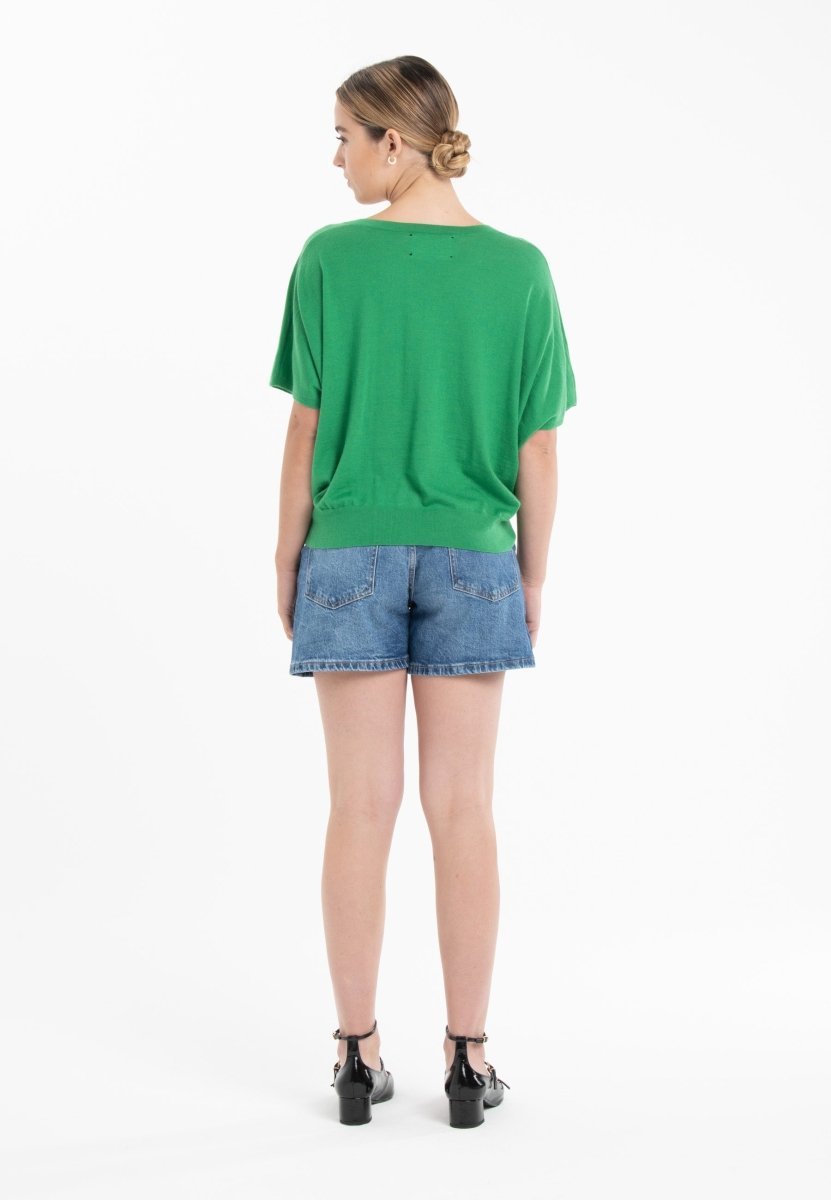 Pull col V manches chauve souris ultrafin cachemire et laine vert femme - KELLY 6