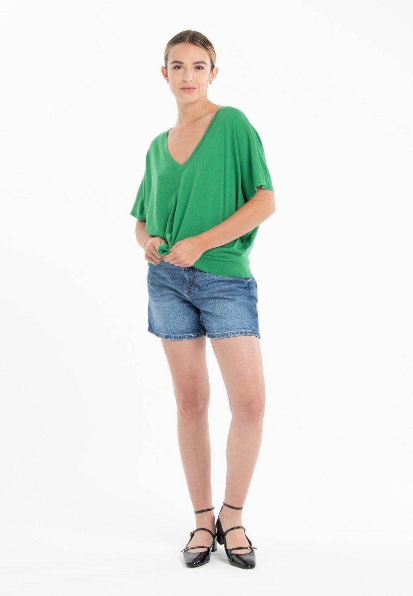 Pull col V manches chauve souris ultrafin cachemire et laine vert femme - KELLY 6