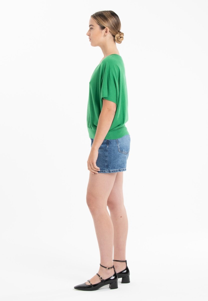 Pull col V manches chauve souris ultrafin cachemire et laine vert femme - KELLY 6