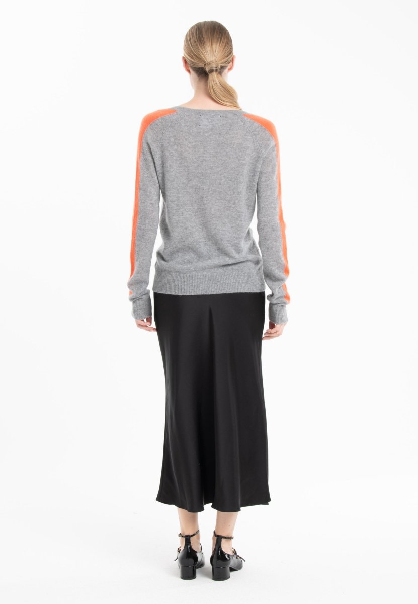 Pull col V cachemire gris clair/mandarine femme - RIA 1