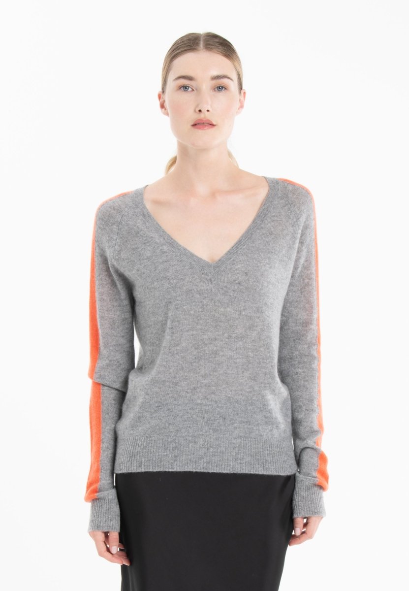 Pull col V cachemire gris clair/mandarine femme - RIA 1